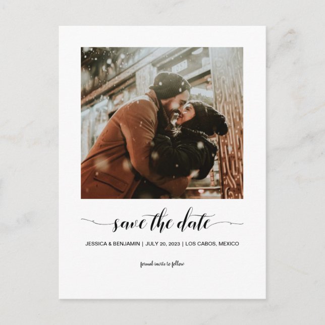 Minimalist Script Photo Save The Date Postcard (Front)