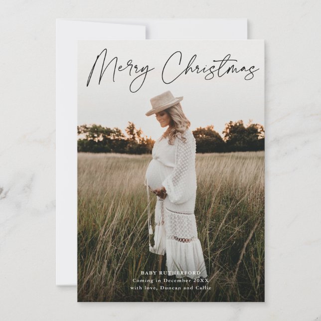 Minimalist Script Pregnancy Photo Christmas Holiday Card (Front)