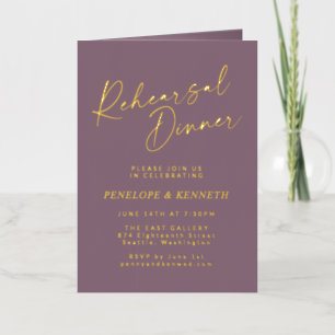 Minimalist Script Purple Gold Rehearsal Dinner Foil Greeting Card