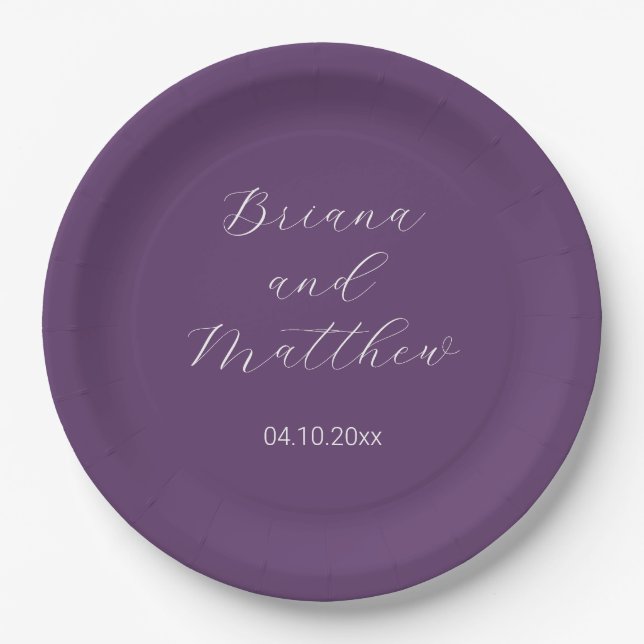 Minimalist Script Purple Wedding Paper Plate (Front)