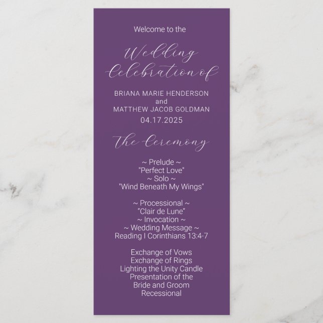 Minimalist Script Purple Wedding Program Programme (Front)