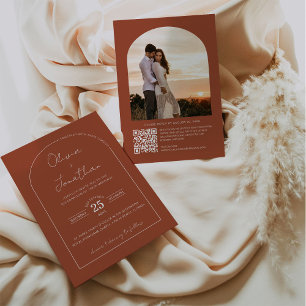 Minimalist Script QR Code Arch Frame Photo Wedding Invitation