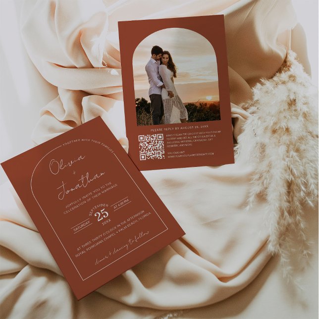 Minimalist Script QR Code Arch Frame Photo Wedding Invitation (Creator Uploaded)
