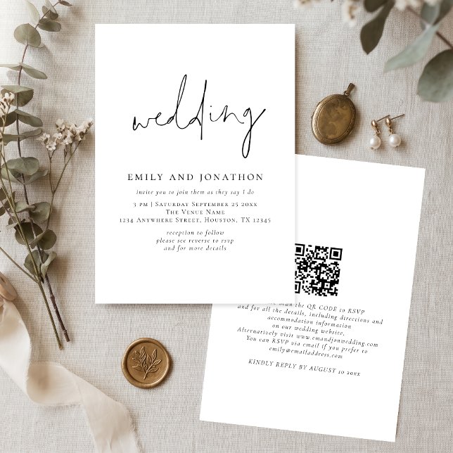 Minimalist Script QR Code Black White Wedding Invitation (Creator Uploaded)