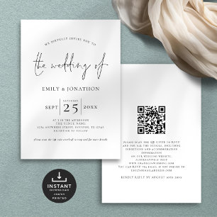 Minimalist Script QR Code Black White Wedding Invitation