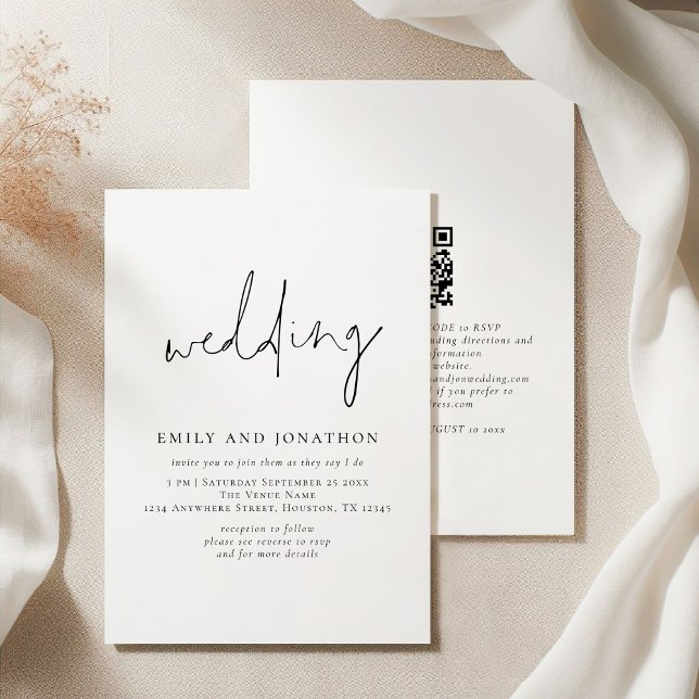 Minimalist Script QR Code Black White Wedding Invitation (Front and back view)