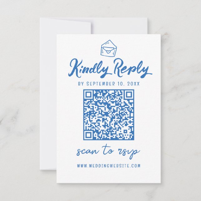 Minimalist Script QR Code Blue Envelope Wedding RSVP Card (Front)