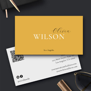 Minimalist Script QR Code Mustard Yellow Business Card