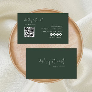 Minimalist Script Qr Code Professional Dark Green Business Card