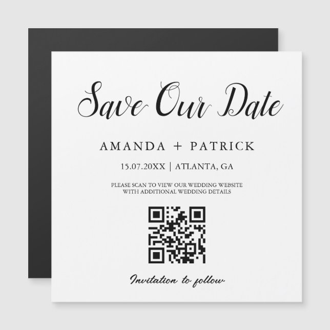 Minimalist Script QR Code Save The Date Magnet (Front/Back)