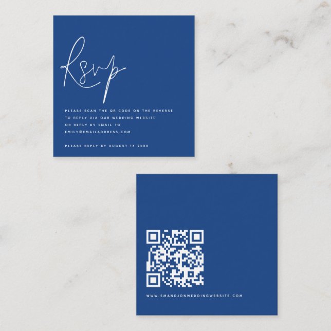 Minimalist Script QR Code Wedding Blue RSVP Enclosure Card (Front/Back)