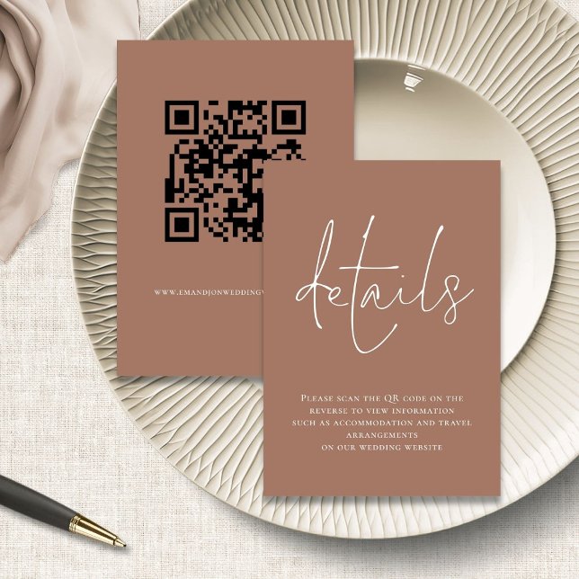 Minimalist Script QR Code Wedding Brown Details Enclosure Card (front and back view)