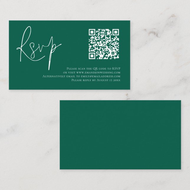 Minimalist Script QR Code Wedding Emerald RSVP Enclosure Card (Front/Back)