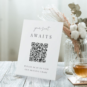 Minimalist Script QR Code Wedding Seating Chart Pedestal Sign