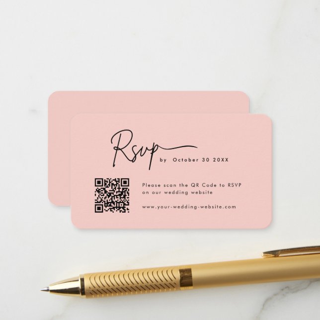 Minimalist Script Rsvp Qr Code Blush Pink Wedding Enclosure Card (Front/Back In Situ)