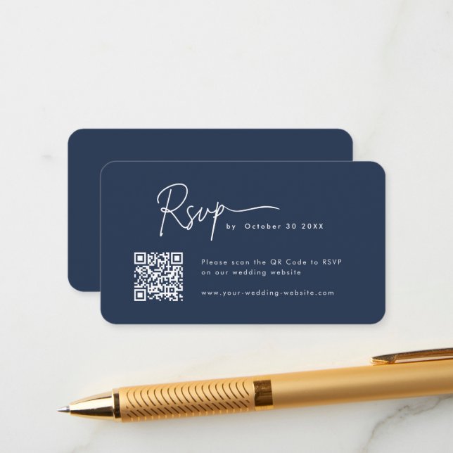 Minimalist Script Rsvp Qr Code Navy Blue Wedding Enclosure Card (Front/Back In Situ)