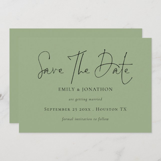 Minimalist Script Sage Green Save The Date (Front/Back)