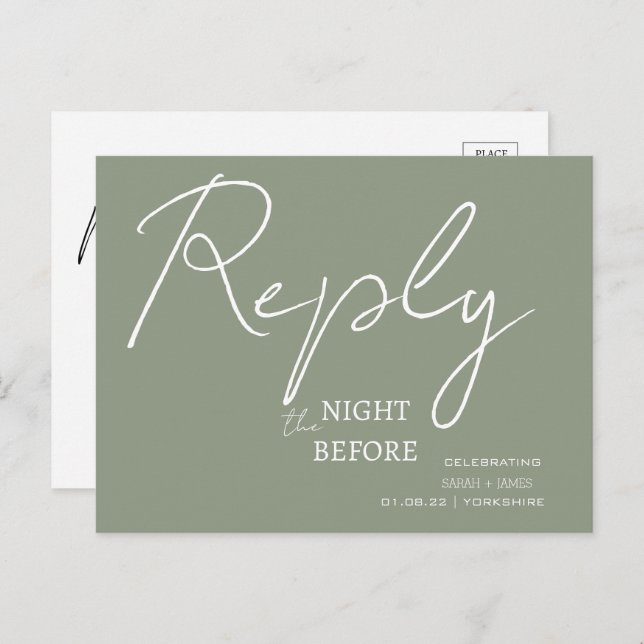 Minimalist Script Sage Greenthe Night Before RSVP  Invitation Postcard (Front/Back)