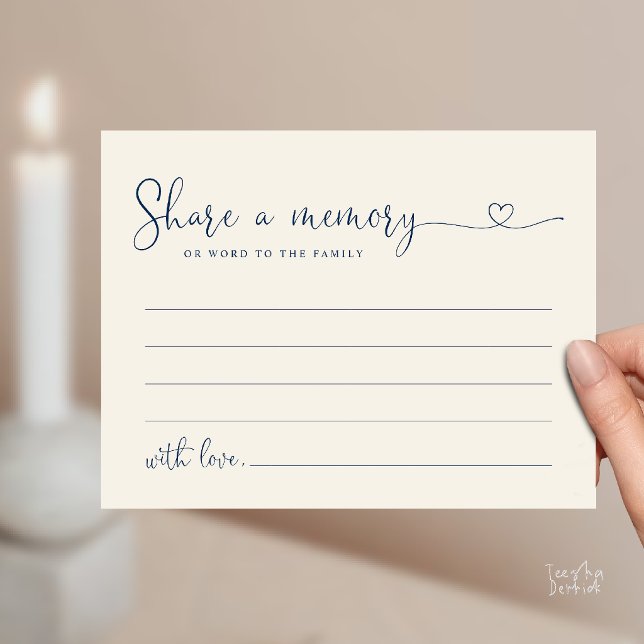 Minimalist Script Share a Memory Funeral Note Card (Minimalist Script Share a Memory Funeral Note Heart Card in Navy Blue Ivory)