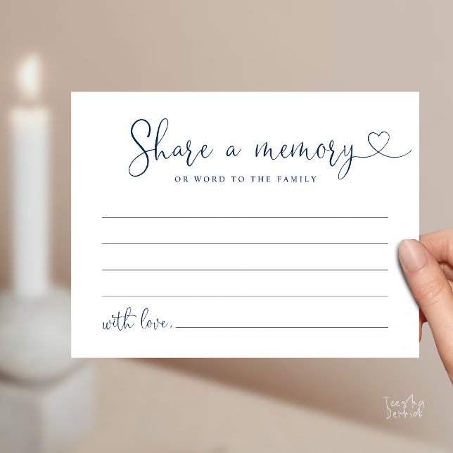 Minimalist Script Share a Memory Funeral Note Card (Minimalist Script Share a Memory Funeral Note Card in Navy Blue)