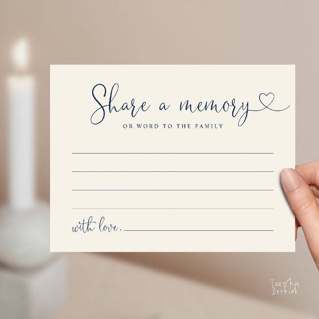 Minimalist Script Share a Memory Funeral Note Card (Minimalist Script Share a Memory Funeral Note Heart Card in Navy Blue Ivory )