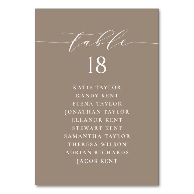 Minimalist Script Taupe Wedding Seating Plan Table Number (Front)