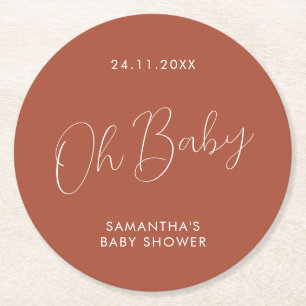 Minimalist Script terracotta Baby Shower day Round Paper Coaster