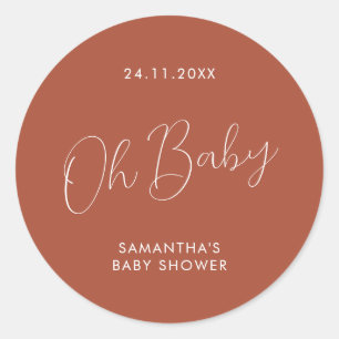Minimalist Script terracotta Oh Baby Shower Classic Round Sticker