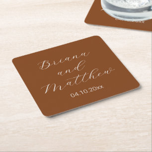 Minimalist Script Terracotta Wedding Square Paper Coaster