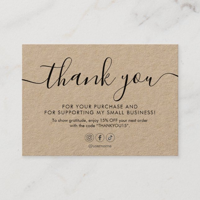 Minimalist Script Thank You Kraft Business Card (Front)