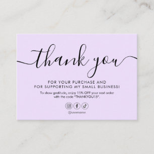 Minimalist Script Thank You Pastel Purple Business Card