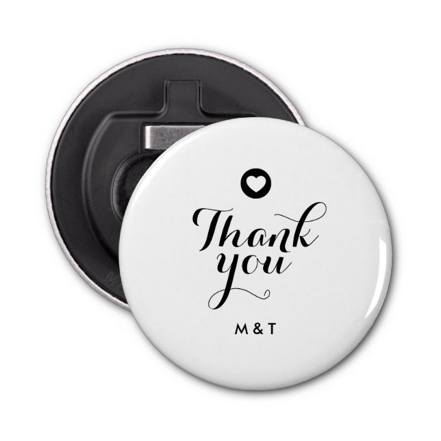 Minimalist Script Thank You Wedding Heart Monogram Bottle Opener (Front)