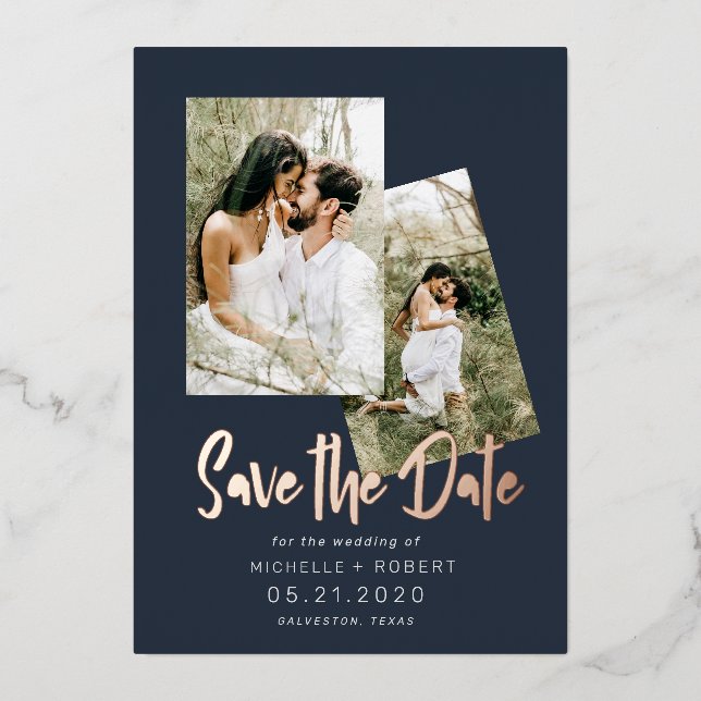 minimalist script two Photo Save The Date  Foil In (Front)
