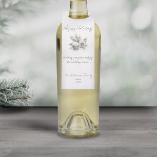 minimalist script, watercolor snowy pine cones bottle tag