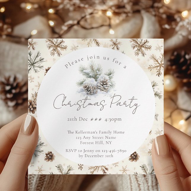 minimalist script, watercolor snowy pine cones invitation (Creator Uploaded)