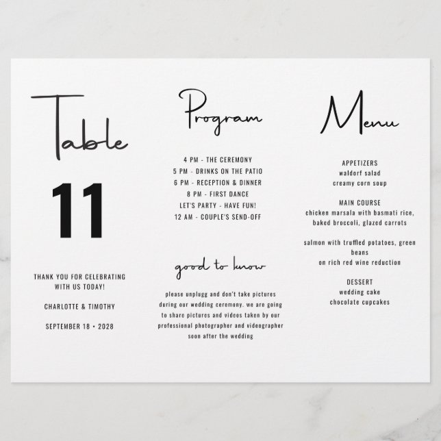 Minimalist Script Wedding Menu Program Trifold (Front)