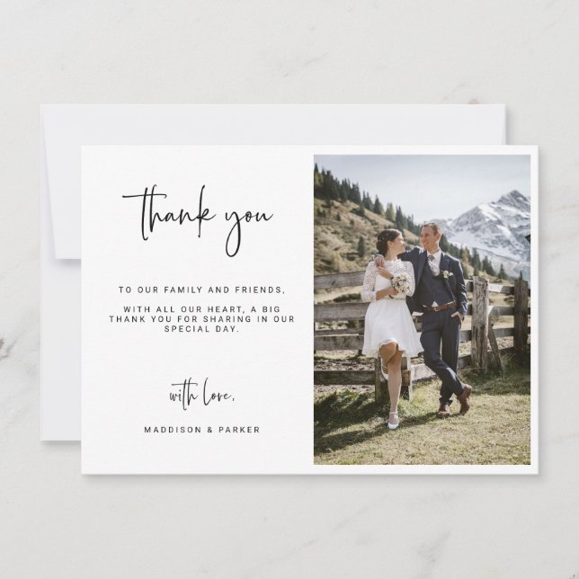 Minimalist Script Wedding Photo Thank You Card (Front)