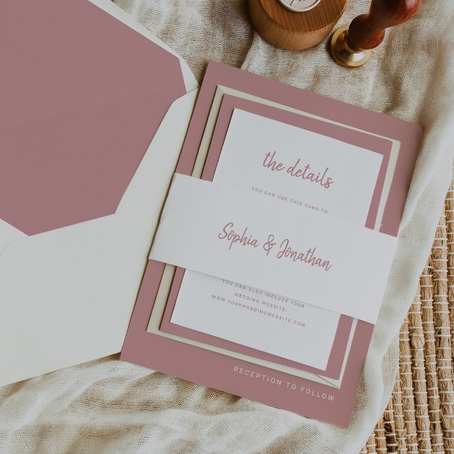 Minimalist Script | White and Dusty Rose Wedding Invitation Belly Band (An elegant, white and dusty pink belly band)