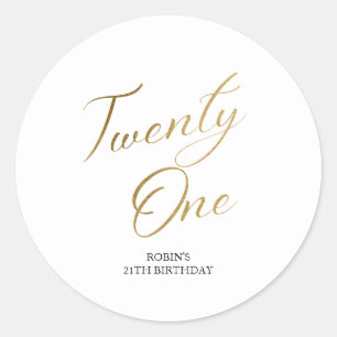 Minimalist Script white and Gold 21st Birthday Classic Round Sticker