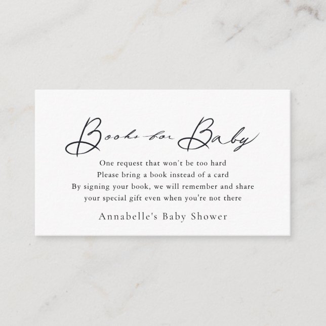Minimalist Script White Baby Shower Book Request Enclosure Card (Front)