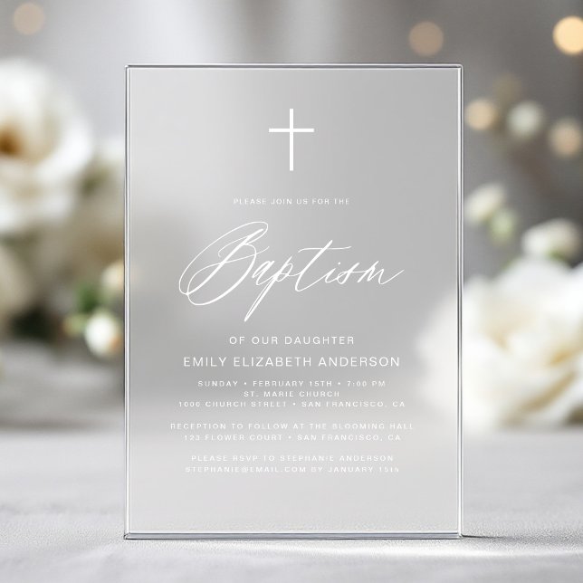 Minimalist Script White Baptism Acrylic Invitations (Creator Uploaded)