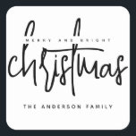 Minimalist script white Christmas Square Sticker<br><div class="desc">Minimalist script white Merry and bright Christmas</div>