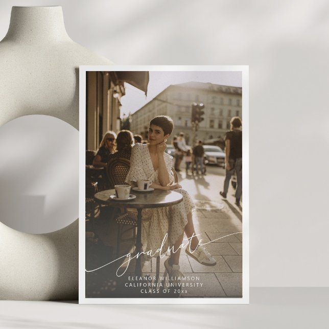 Minimalist Script White Overlay Photo Graduation Announcement (Creator Uploaded)