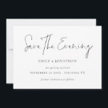 Minimalist Script White Save the Evening Invitation<br><div class="desc">Minimalist Script Black and White Save The Evening. Available digitally and printed. Simple elegance to send to your evening party guests. Save The Evening is in a modern set script.The rest of the text you can easily personalise. The text and background colours can be changed if you wish via the...</div>