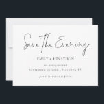 Minimalist Script White Save the Evening Invitation<br><div class="desc">Minimalist Script Black and White Save The Evening. Available digitally and printed. Simple elegance to send to your evening party guests. Save The Evening is in a modern set script.The rest of the text you can easily personalise. The text and background colours can be changed if you wish via the...</div>