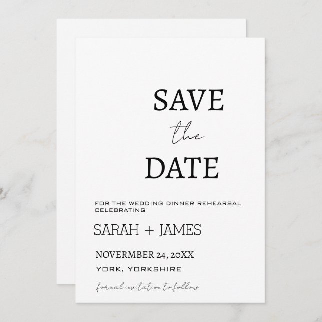 Minimalist Script White Wedding Dinner Rehearsal  Save The Date (Front/Back)