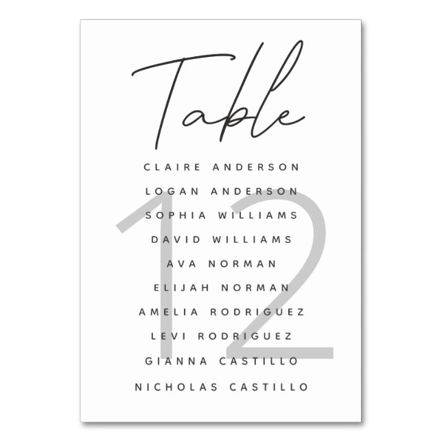 Minimalist Script White Wedding Seating Chart Table Number (Front)