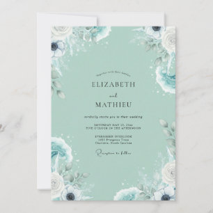 Minimalist Seafoam Painted Ranunculus Wedding Invitation