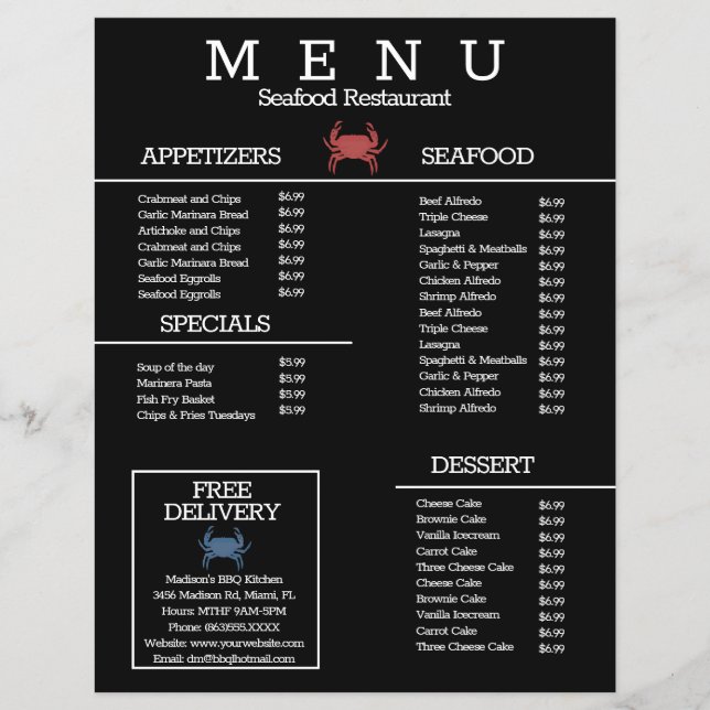 Minimalist Seafood Crab Grill Restaurant Menu B (Front)