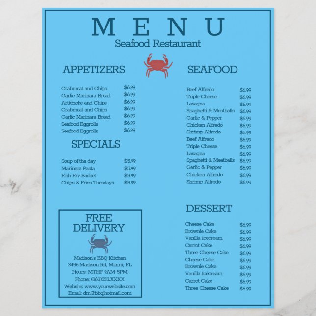 Minimalist Seafood Crab Grill Restaurant Menu D (Front)